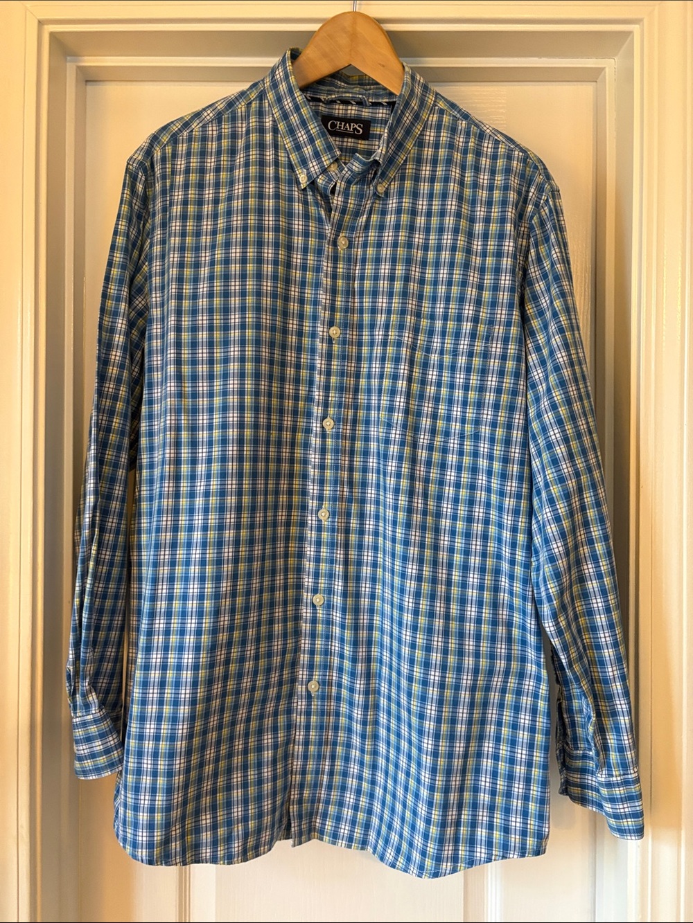 Chaps 100% Cotton Blue and White Plaid Button-Down Shirt